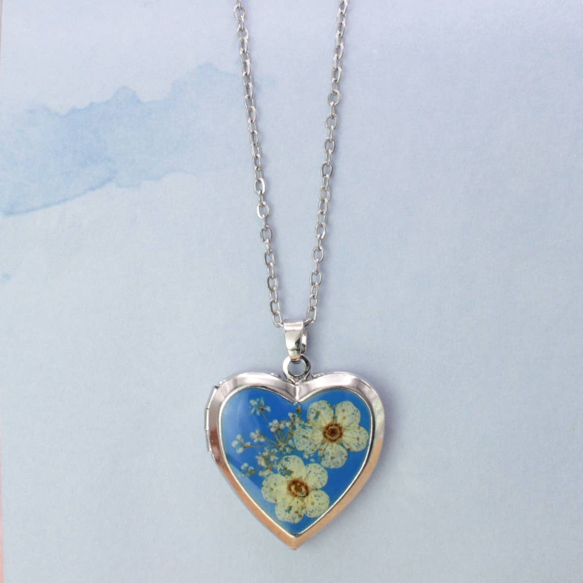Blue Dried Flower Silver Locket Necklace