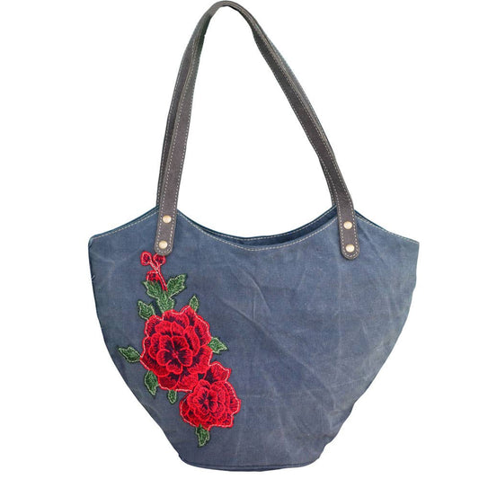 Blue Canvas Embroidered Flower Bag