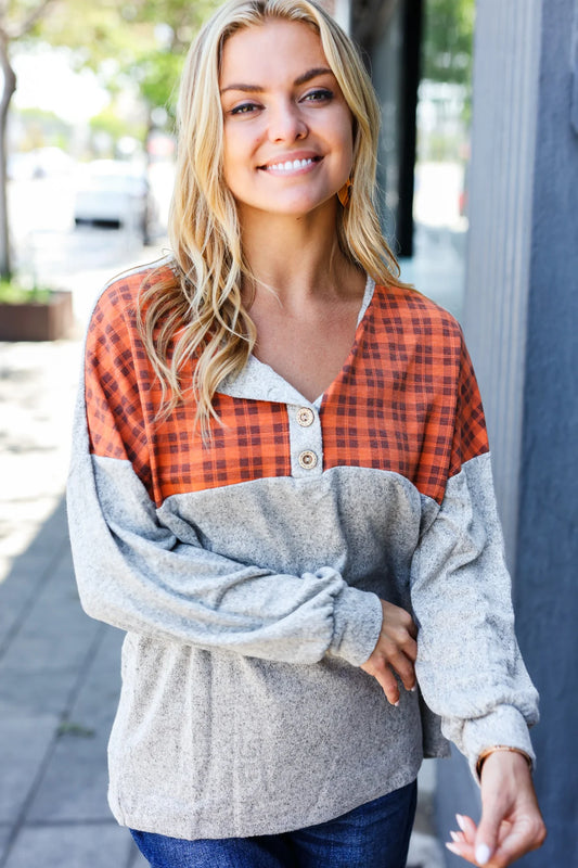 Hacci Rust Plaid Henley Top