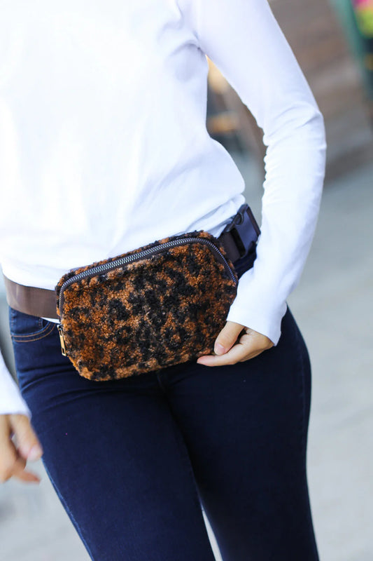 Leopard Sherpa Zipper Belt Sling Bag