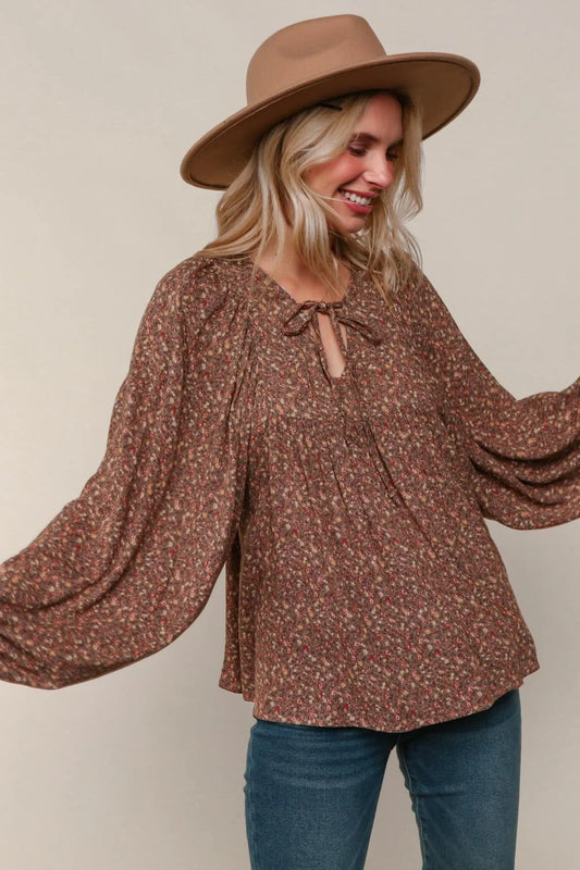 Mocha Floral Peasant Blouse