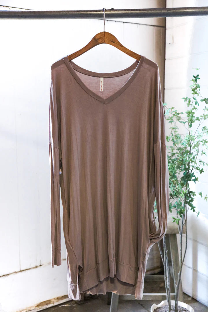 Mocha V Neck Dress with Pockets