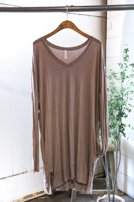 Mocha V Neck Dress with Pockets