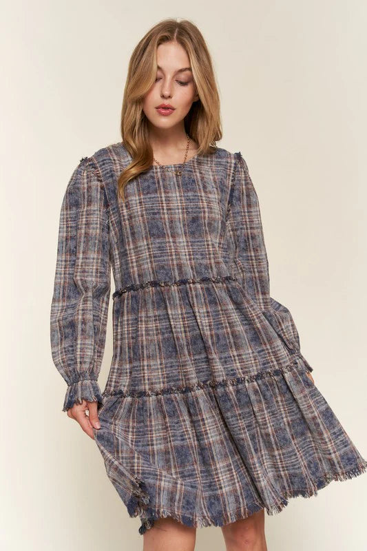 Navy Plaid Tiered Dress