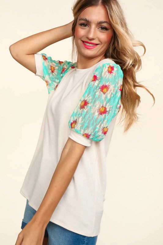 Oatmeal and Mint Floral Lace-Sleeved Top