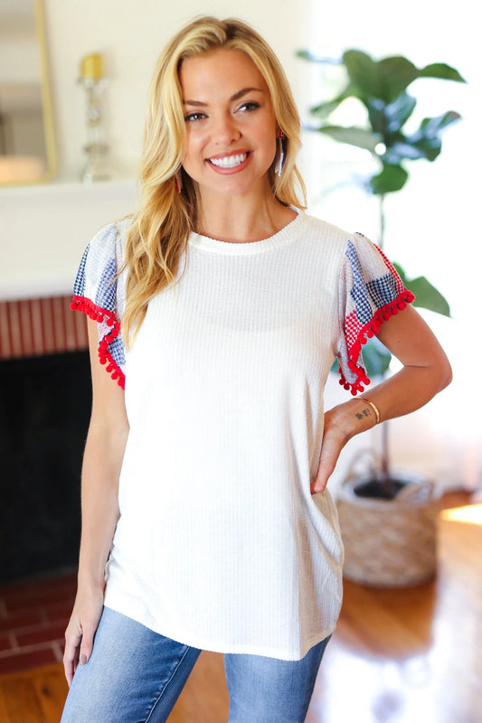 Patriotic Pom Pom Sleeve Top
