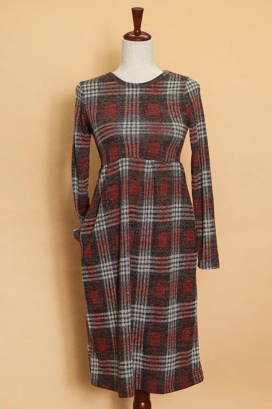 Plaid Long-Sleeve Pocketed Dress