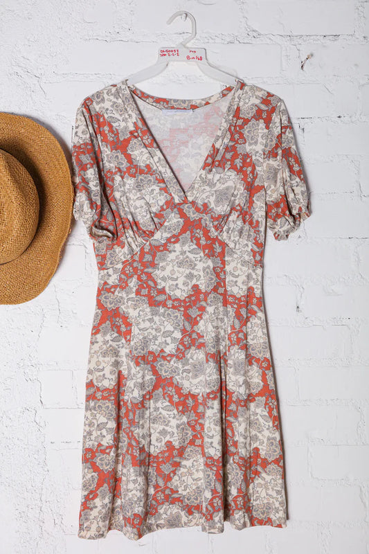 Rust V-Neck Floral Dress