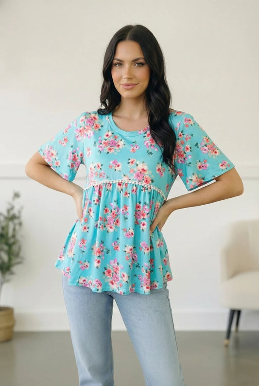 Sky Blue Floral Babydoll Top